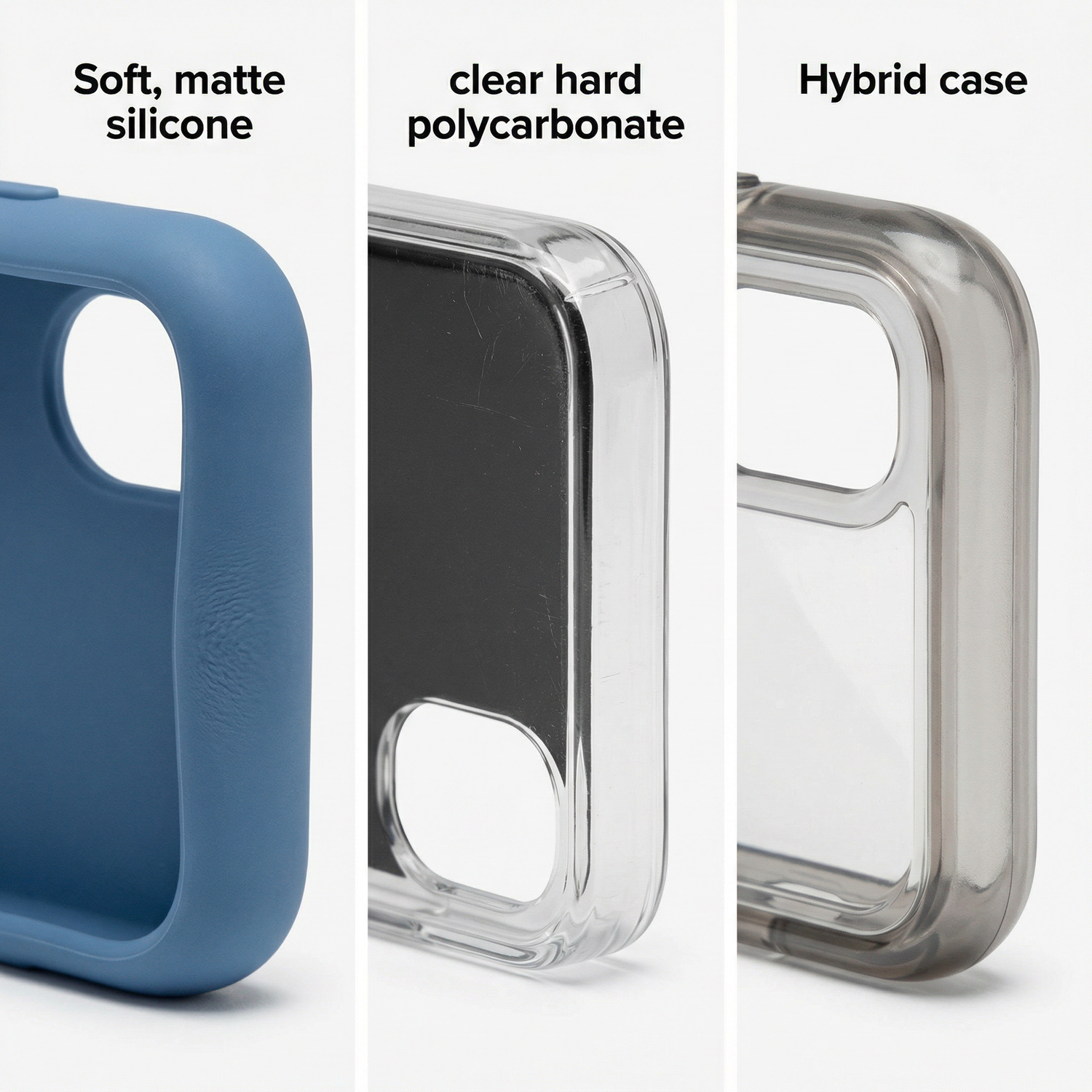 Comparaison de trois matériaux de coque téléphone côte à côte : silicone souple, polycarbonate rigide et hybride TPU